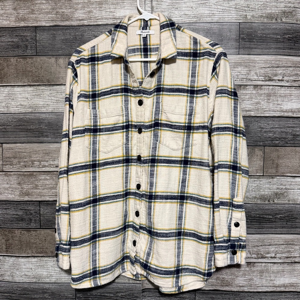 Madewell Oversized Flannel Shirt Jacket Shacket Women’s M Cream Plaid Button Up - Picture 3 of 8